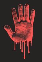 Red handprint with dripping effects. Halftone collage. Modern Y2K mixed media. Ideal for horror themes, Halloween designs, and edgy artistic projects seeking a creepy, unsettling vibe. vector