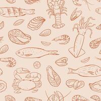 Seamless pattern with hand drawn seafood. Different types of fish, clams and shellfish vector