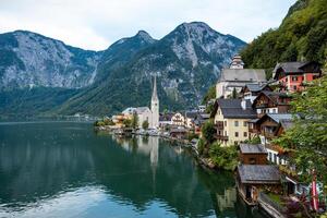 Scenic Postcard View of Hallstatt Mountain Village in Austrian Alps , Salzkammergut Region, Austria photo