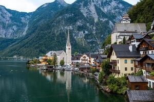 Scenic Postcard View of Hallstatt Mountain Village in Austrian Alps , Salzkammergut Region, Austria photo