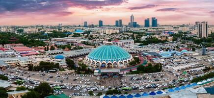 Aerial Panorama view of the Chorsu market in Tashkent, Uzbekistan photo