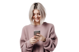 happy caucasian female model with Short Bob standing scrolling on her phone on a transparent background png