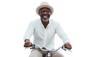 happy senior black man smiling while riding a bicycle on a transparent background png