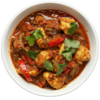Chicken Vindaloo with spinach in black bowl isolated on white or transparent background . Portuguese Influenced Indian dish made by cooking chicken in vindaloo spice paste. png
