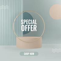 3D podium background in grounding hues. Realistic product display with reeded translucent glass. Elegant platforms with gold ring. Mockup background for promotion and sale vector