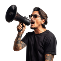 A man with a microphone and a tattoo on his arm is yelling into it. Concept of rebellion and defiance, as the man is using the microphone to make a statement or express his opinion png