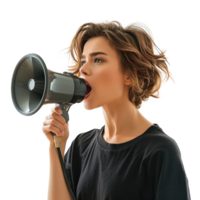 A woman is holding a microphone and making a loud noise. Concept of excitement and energy, as if the woman is performing or giving a speech png