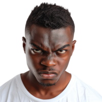 Closeup portrait of young african man with intense angry expression glaring directly at camera with furrowed brow wearing white shirt isolated on transparent background background png