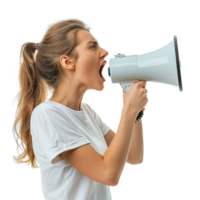 A woman is holding a microphone and yelling into it. Concept of anger and frustration, as the woman's loud voice and the microphone's volume suggest that she is expressing her emotions strongly png