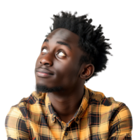 A man with a beard and dreadlocks is looking up at the camera with a smile on his face png