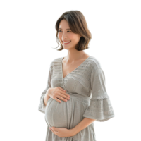 A woman is wearing a gray dress and smiling. Concept of joy and new beginnings png