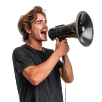 A man is holding a microphone and making a loud noise isolated on transparent background png