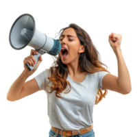 A woman is holding a microphone and yelling into it. Concept of excitement and energy, as if the woman is performing or giving a speech png