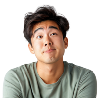 A man with a green shirt is looking at the camera with a puzzled expression. He is deep in thought or contemplating something png