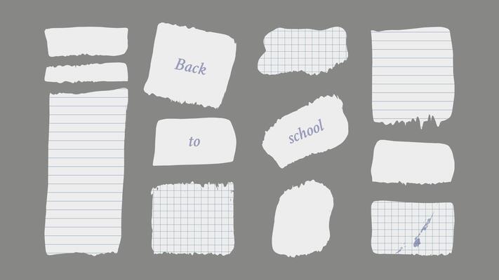 Paper and Elements scrapbooking Old torn crumpled. Sheet with ruler cell. Back to school. Different textures patterns ragged edges imitation of newspaper scraps. illustration.