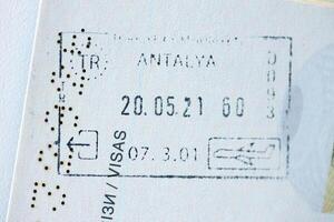 KYIV, UKRAINE - APRIL 20, 2024 Page of foreign passport with visas, Turkiye border stamps, permits to enter countries, concept of traveling around the world, travelers document photo