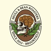Vintage Skull and Bean Roasters Logo with Coffee Brain and Leaves Perfect for Coffee Shops and Merchandising vector