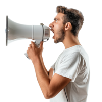A man with a megaphone is yelling into it. Concept of urgency and importance png