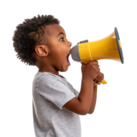 A young boy is holding a microphone and making a loud noise. Concept of excitement and energy, as the child is fully engaged in the act of speaking into the microphone png