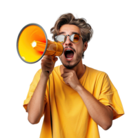 A man in a yellow shirt is holding a microphone and yelling into it. Concept of excitement and enthusiasm, as if the man is at a concert or rally png