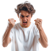 A man with a white shirt is angry and throwing his hands up in the air. He is making a fist and has a scowl on his face png