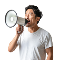 A man is holding a microphone and making a loud noise. Concept of excitement and energy, as if the man is performing or giving a speech png