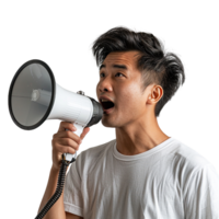 A man is holding a microphone and making a loud noise. Concept of excitement and energy, as if the man is performing or announcing something important png