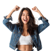 Closeup portrait of happy asian girl celebrating with enthusiastic smile and pumped fists dressed in denim top isolated on transparent background png