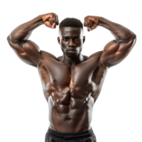 A man with a muscular build is flexing his arms isolated on transparent background. Concept of strength and confidence png