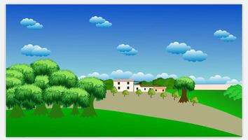 forest scene with various forest trees, a flat nature background, forest scene with hiking track and many trees vector