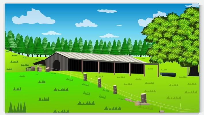 Landscape of green fields of farmland, barns and farms, rural houses. grassland with buildings, green grass, meadows and trees, blue sky in the background