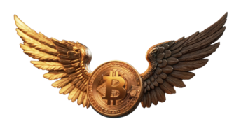 Bitcoin flying on golden wings without background. Design element png
