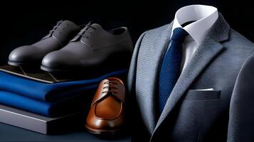 A close-up of a business casual outfit, featuring a tailored blazer over a crisp shirt, paired with chinos and loafers photo