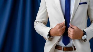 A close-up of a business casual outfit, featuring a tailored blazer over a crisp shirt, paired with chinos and loafers photo