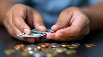 A close-up of hands counting crisp dollar bills, with coins scattered around, symbolizing wealth and financial focus photo