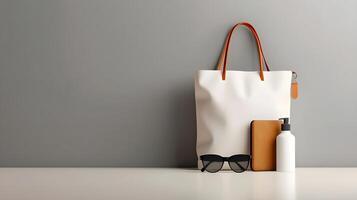 mockup that looks flat against a surface of items that would complement a tote bag, include sunglasses, iphone, wallet, hand sanitizer, planner, water bottle photo