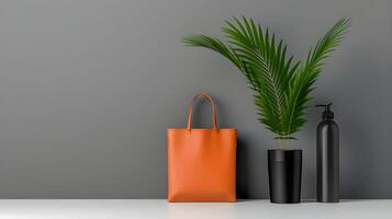 mockup that looks flat against a surface of items that would complement a tote bag, include sunglasses, iphone, wallet, hand sanitizer, planner, water bottle photo