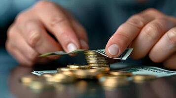 A close-up of hands counting crisp dollar bills, with coins scattered around, symbolizing wealth and financial focus photo