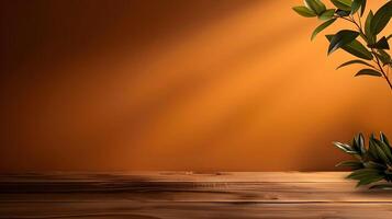 Empty wooden table on abstract orange background for product presentation, space for a montage showing the product photo
