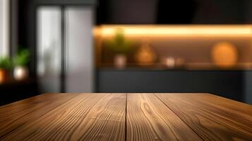 Wooden table on blurred kitchen bench background. Empty wooden table and blurred kitchen background photo
