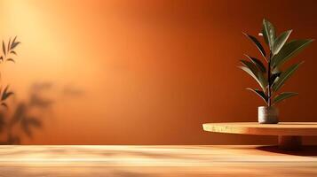 Empty wooden table on abstract orange background for product presentation, space for a montage showing the product photo