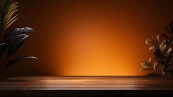 Empty wooden table on abstract orange background for product presentation, space for a montage showing the product photo