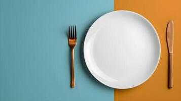 Top down view of a white plate isolated on yellow background with fork and knife with copy space photo