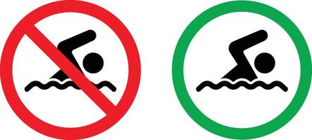 Swimming area and no swimming signs in red and green colors . Swim zone icon and swimming not allowed icon . illustration vector