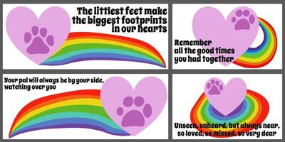 Set of cards with sympathy phrases about the loss of a pet, a rainbow bridge and a heart with a paw print vector