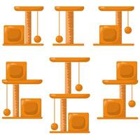 Set of cat houses with beds, toys and scratching posts in flat style vector