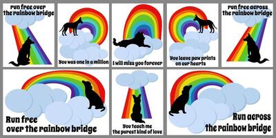 A set of cards about the loss of a pet on the theme of running on the rainbow, various cards about the loss of a dog vector