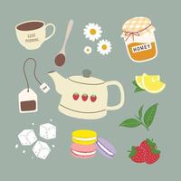 CUTE TEA SET WITH VARIOUS FRUITS vector