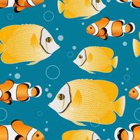 Clown fish and Yellow chaetodon butterflyfish. Marine life in the sea and ocean. Beautiful fish swim on a blue background creating a seamless pattern for fashion fabrics. vector