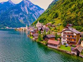 Beautiful mountain village Hallstatt in the Austrian Alps, Salzkammergut region, Hallstatt, Austria. Aerial drone view. photo